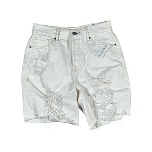 PacSun Womens White Denim‎ High Rise Boy Shorts Button Fly Distressed Sz 25 NWT